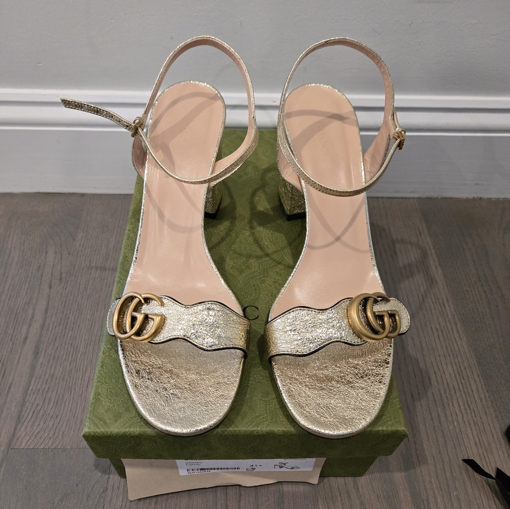 $920 Gucci Marmont GG Metallic Gold Leather Block Heel  Sandals EU 41.5 US 11.5 - Picture 9 of 12
